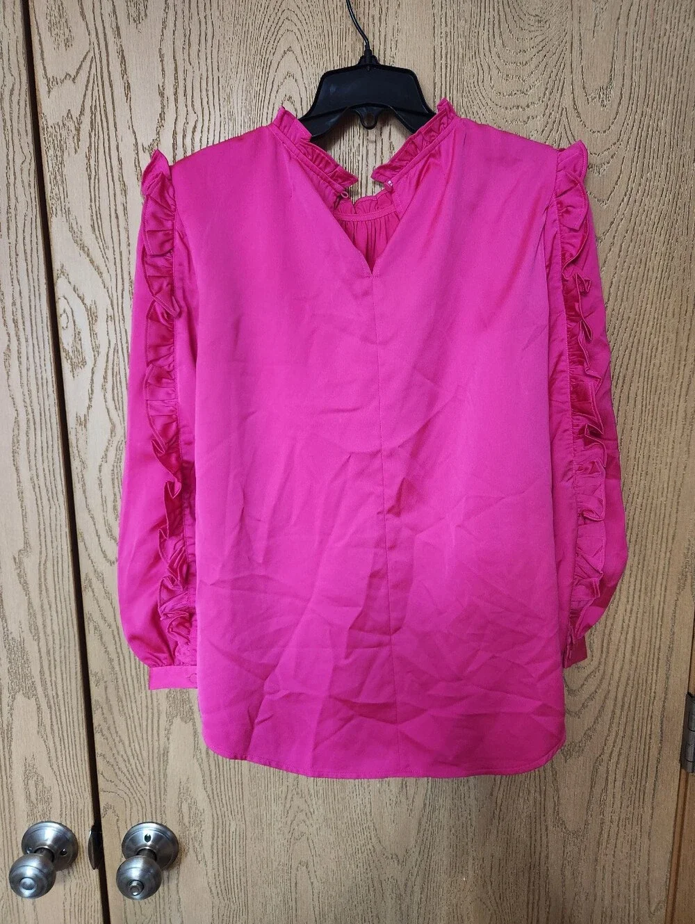 J. Crew Ruffle-Trim Satin Long Sleeve Blouse - Hot Pink